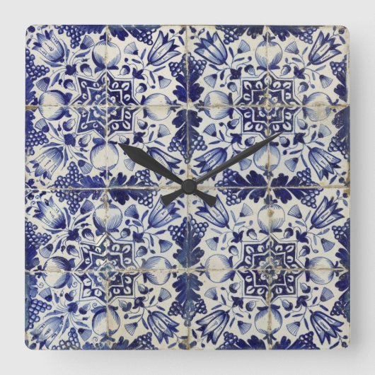 ヴィンテージの青い白いタイルパターン スクエア壁時計 (正面)