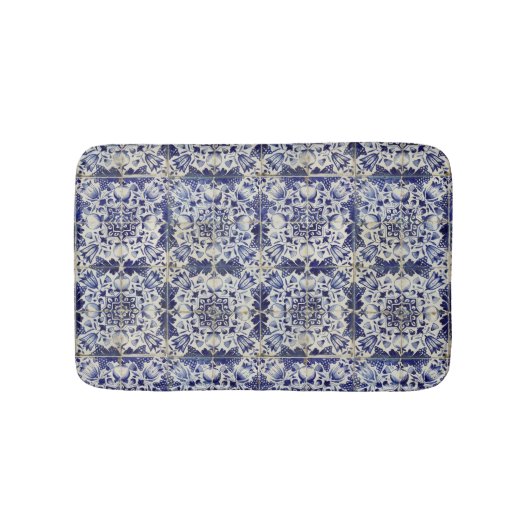 ヴィンテージの青い白いタイルパターン バスマット (正面)