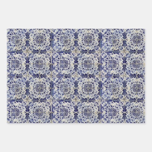 ヴィンテージの青い白いタイルパターン ラッピングペーパーシート (正面3)