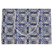 ヴィンテージの青い白いタイルパターン ラージペーパーバッグ (正面)