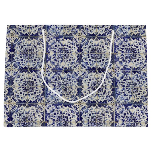 ヴィンテージの青い白いタイルパターン ラージペーパーバッグ (正面)