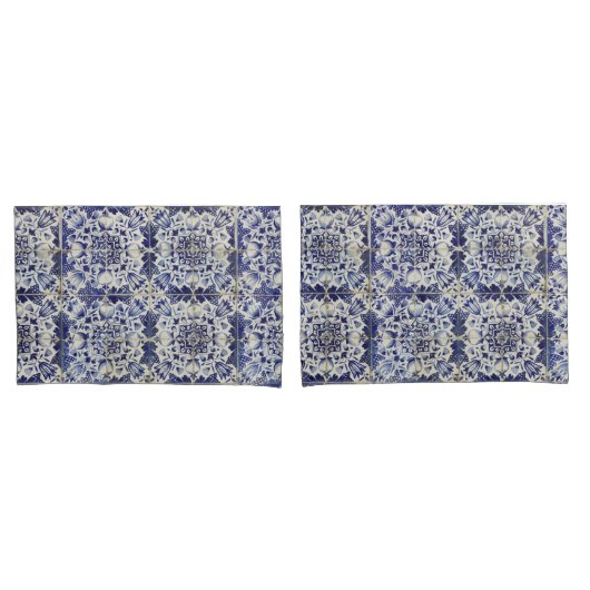ヴィンテージの青い白いタイルパターン 枕カバー (フロントセット)
