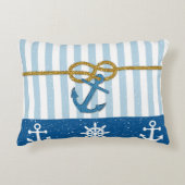 ヴィンテージの青い白のストライブ柄のフェイクな金ゴールドのグリッターのいかり アクセントクッション (正面)