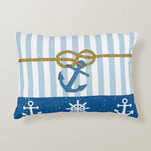 ヴィンテージの青い白のストライブ柄のフェイクな金ゴールドのグリッターのいかり アクセントクッション (正面)