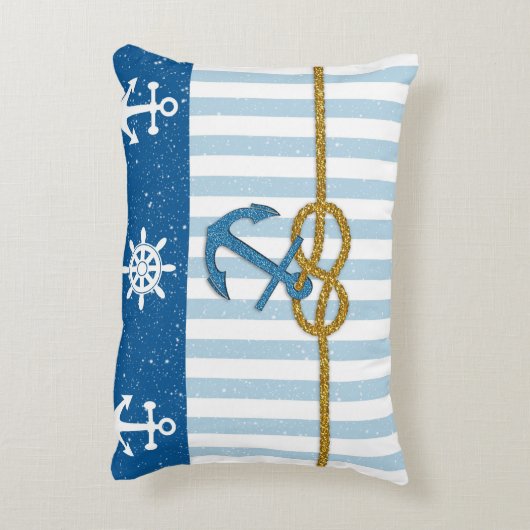 ヴィンテージの青い白のストライブ柄のフェイクな金ゴールドのグリッターのいかり アクセントクッション (裏面(縦))