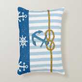 ヴィンテージの青い白のストライブ柄のフェイクな金ゴールドのグリッターのいかり アクセントクッション (正面(垂直))