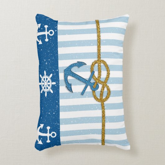 ヴィンテージの青い白のストライブ柄のフェイクな金ゴールドのグリッターのいかり アクセントクッション (正面(垂直))