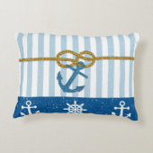 ヴィンテージの青い白のストライブ柄のフェイクな金ゴールドのグリッターのいかり アクセントクッション (裏面)