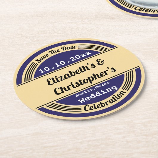 ヴィンテージの青い結婚式の保存日付のコースター ラウンドペーパーコースター (アングル)