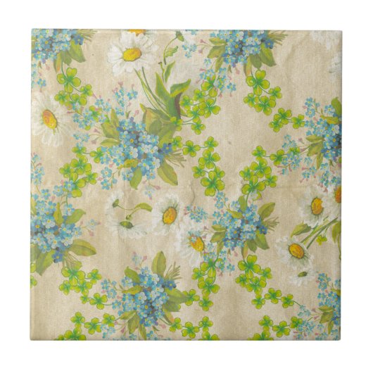 ヴィンテージの青い花柄およびデイジー タイル (正面)