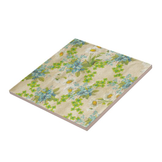 ヴィンテージの青い花柄およびデイジー タイル (側面)