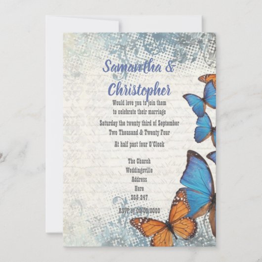 ヴィンテージの青い蝶とレース結婚の蝶 招待状 (正面)