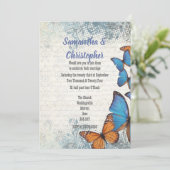 ヴィンテージの青い蝶とレース結婚の蝶 招待状 (スタンド正面)