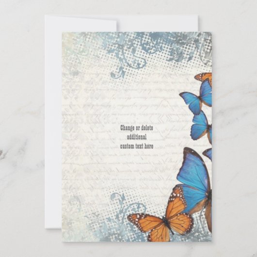 ヴィンテージの青い蝶とレース結婚の蝶 招待状 (裏面)