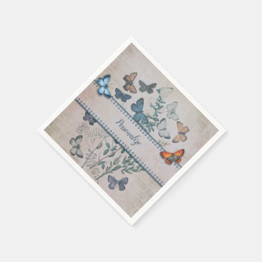ヴィンテージの青い蝶のパタパーソナライズされたーン スタンダードカクテルナプキン (角)