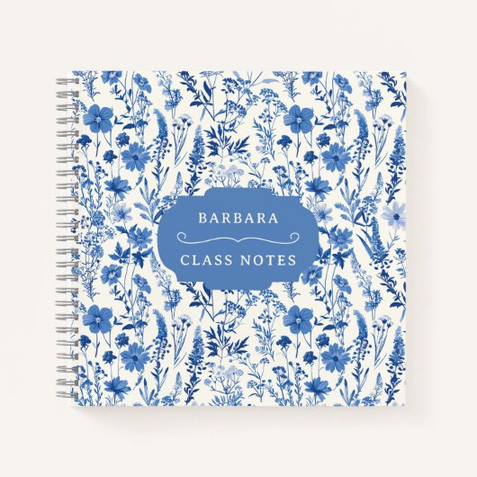 ヴィンテージの青い野パーソナライズされた花フローラ ノートブック (正面)
