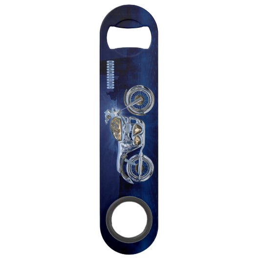 ヴィンテージの青い金きらめくなクロムチョッパー スピード栓抜き (裏面)