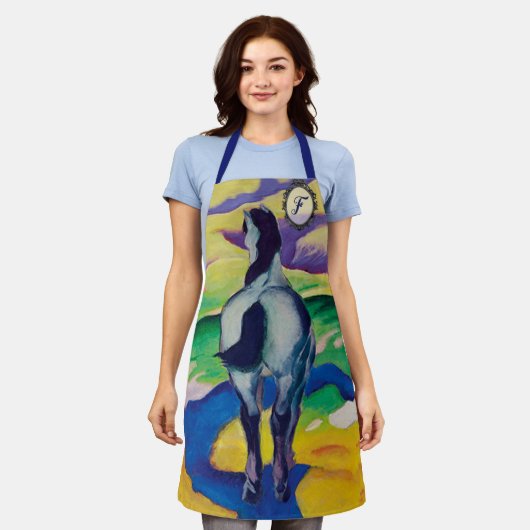 ヴィンテージの青い馬のギフトパーソナライズされた エプロン (着用した状態)