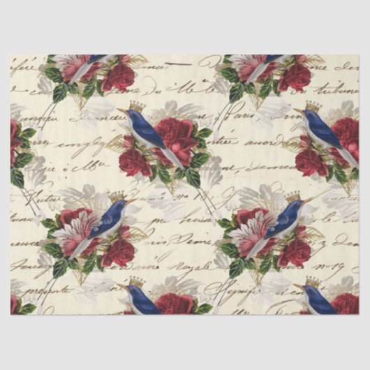 ヴィンテージの青い鳥とクラウンとバラのデコページ 薄葉紙 (正面)