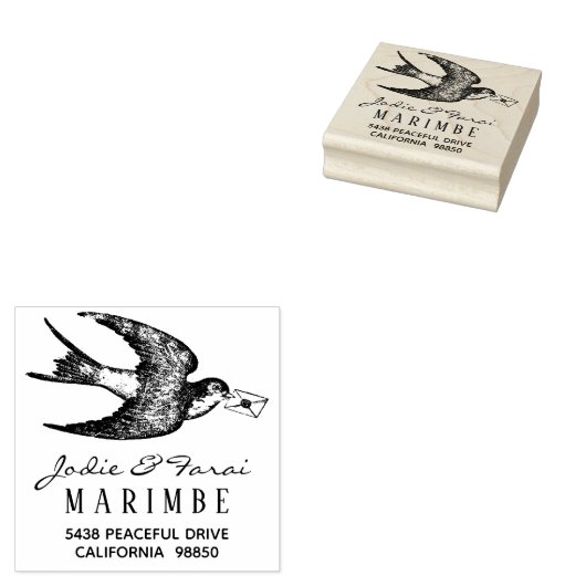 ヴィンテージの青い鳥とレターの住所スタンプ ラバースタンプ (押印)