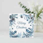 ヴィンテージの青い鳥と松の木のクリスマスカード 招待状 (スタンド正面)