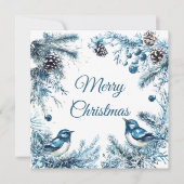 ヴィンテージの青い鳥と松の木のクリスマスカード 招待状 (正面)