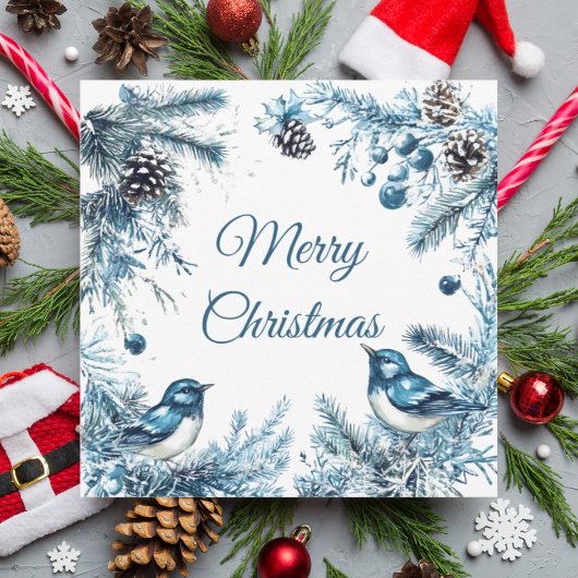 ヴィンテージの青い鳥と松の木のクリスマスカード 招待状
