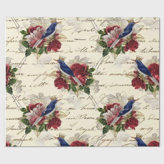 ヴィンテージの青い鳥と王冠とバラ ラッピングペーパー (フラット)