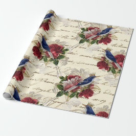 ヴィンテージの青い鳥と王冠とバラ ラッピングペーパー