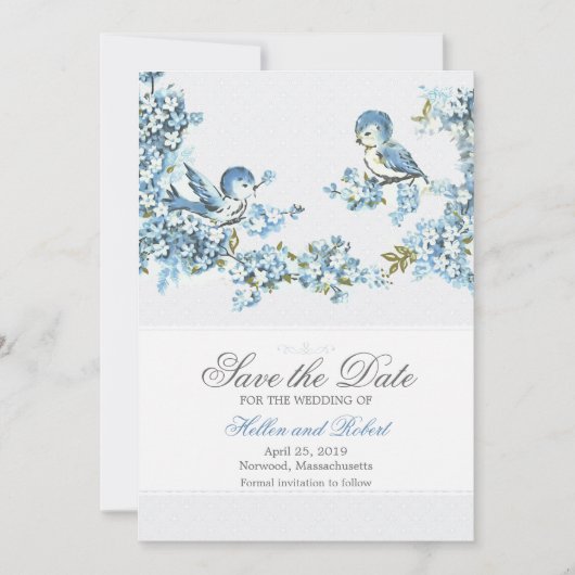 ヴィンテージの青い鳥の冬の結婚式の保存日付 セーブザデート (正面)