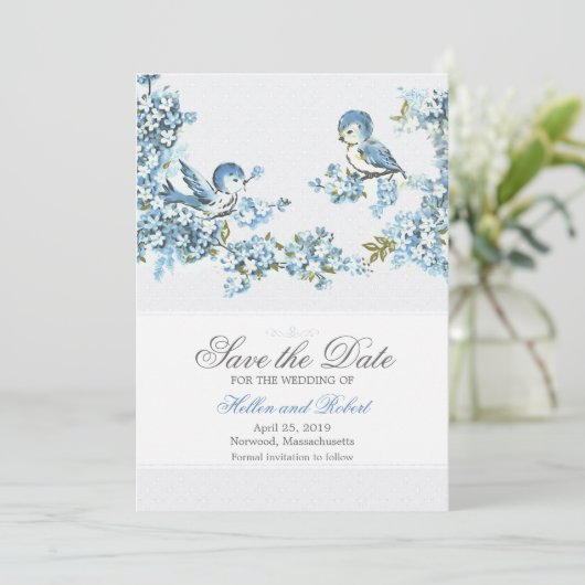 ヴィンテージの青い鳥の冬の結婚式の保存日付 セーブザデート (スタンド正面)