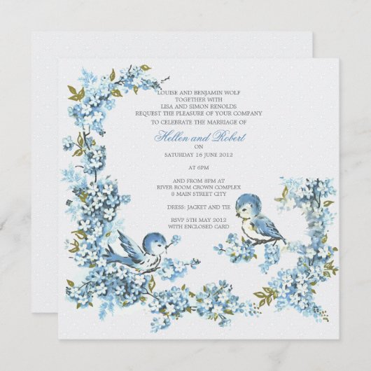ヴィンテージの青い鳥の冬の結婚式 招待状 (正面/裏面)