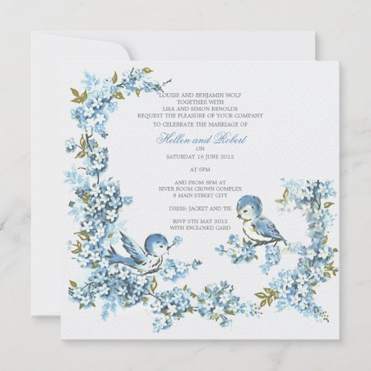 ヴィンテージの青い鳥の冬の結婚式 招待状 (正面)