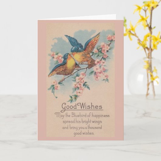 ヴィンテージの青い鳥の良い願いグリーティングカード カード (黄色い花)