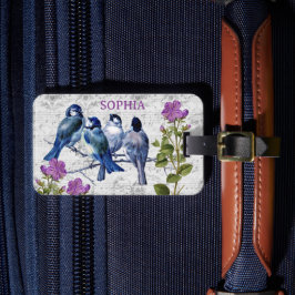 ヴィンテージの青い鳥、紫の花、楽譜 ラゲッジタグ