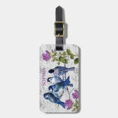 ヴィンテージの青い鳥、紫の花、楽譜 ラゲッジタグ (正面縦)