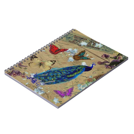 ヴィンテージの青くカラフルな孔雀のかわいい蝶 ノートブック (左側)