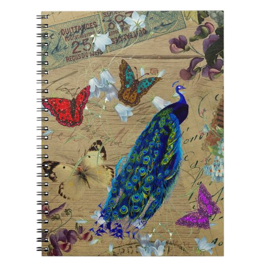 ヴィンテージの青くカラフルな孔雀のかわいい蝶 ノートブック (正面)