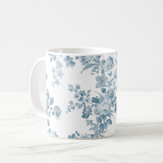 ヴィンテージの青く白いボヘミアのエレガントな花柄 コーヒーマグカップ (正面左)