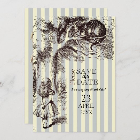 ヴィンテージの青とストライプの白のアリス セーブザデート (正面/裏面)