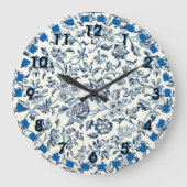 ヴィンテージの青と白のフローラのラウンドクロック ラージ壁時計 (正面)