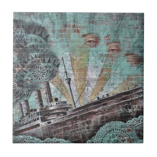 ヴィンテージの青の落書き タイル (正面)