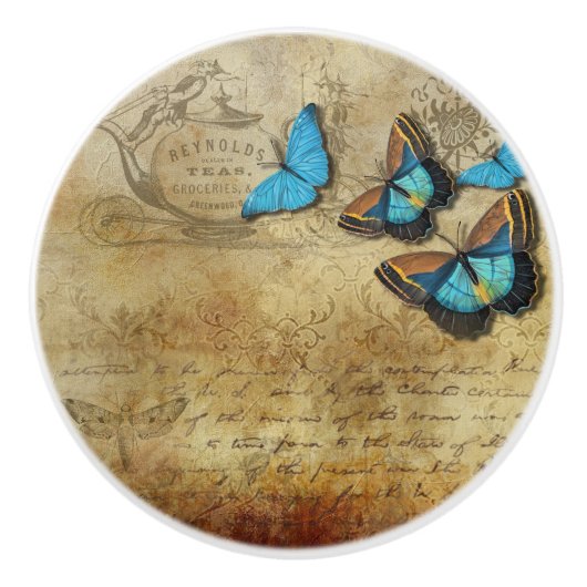 ヴィンテージの青の蝶 セラミックノブ (正面)