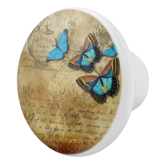 ヴィンテージの青の蝶 セラミックノブ (右)