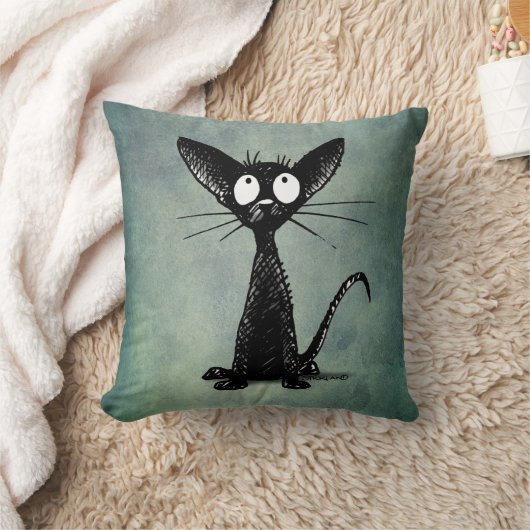 ヴィンテージの青緑のおもしろいな黒猫の芸術 クッション (ブランケット)