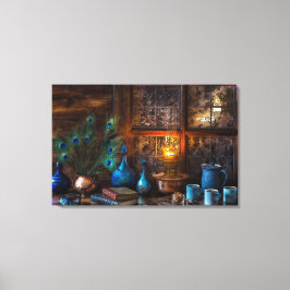 ヴィンテージの静かな生活と孔雀の羽 キャンバスプリント