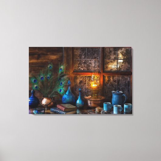 ヴィンテージの静かな生活と孔雀の羽 キャンバスプリント (正面)