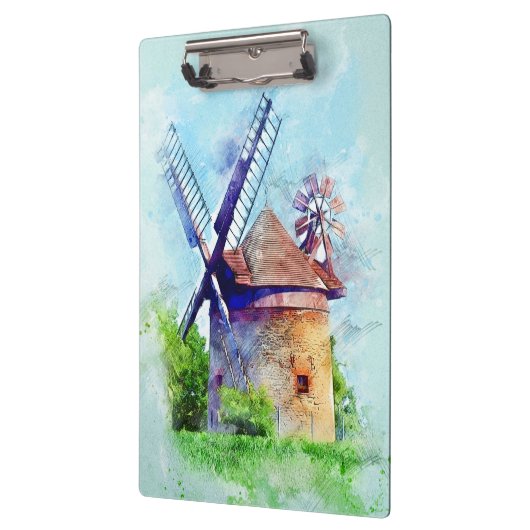 ヴィンテージの風車の水彩画の絵画 クリップボード (左)