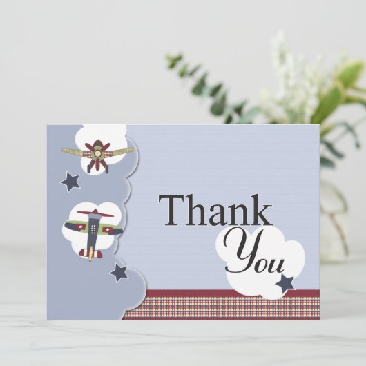 ヴィンテージの飛行機のベビーシャワーは感謝していしています サンキューカード (スタンド正面)