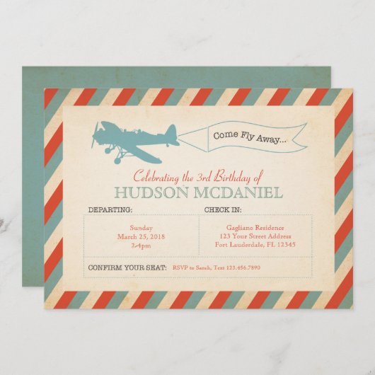 ヴィンテージの飛行機の子供の誕生日のパーティの招待状 招待状 (正面/裏面)